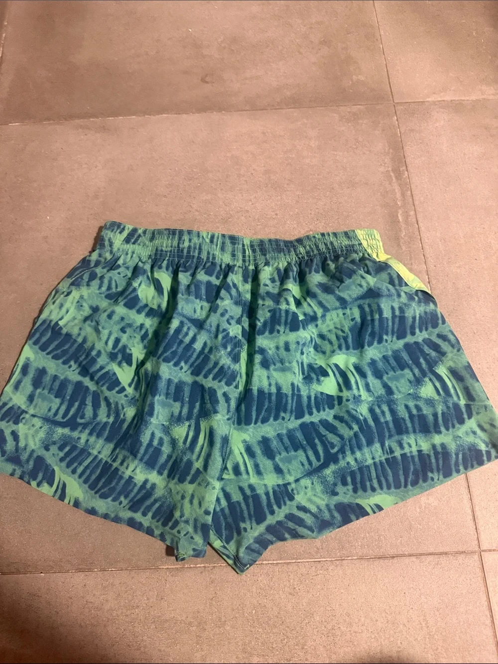 Janji Men's Split Neon Lime & Teal Tie-Dye Running Shorts